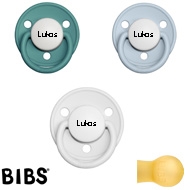 Bibs de Lux sutter med navn (Babyblue+White+Island Sea -HK) Runde Latex str.1, 3 pack
